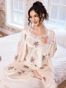Elorette 3件套女士秋冬丝绒蕾丝浪漫玫瑰花卉吊带背心上衣+长裤+睡袍睡衣套装 - 彩色 - 查看 3