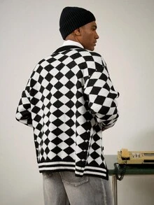 Manfinity Homme Herren Rhombus Muster Langarm Einreiher Lässig Strickjacke, Herbst - Verschiedenfarbig - Übersicht 2