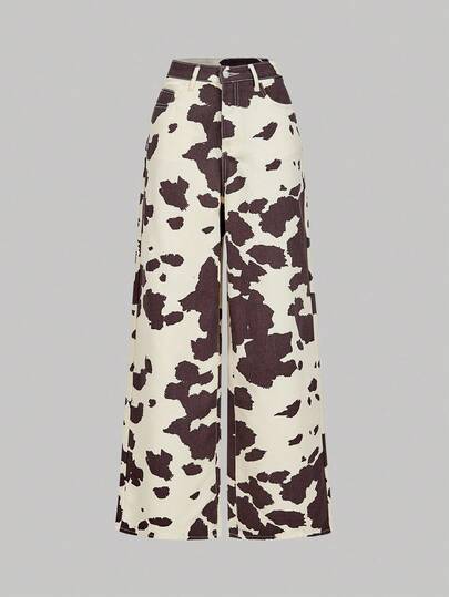 SHEIN MOD Jeans de pierna ancha con bolsillos en diagonal, estampado de pintura al óleo, casual de negocios para mujer