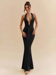 SHEIN BAE 黄色奶油色性感深 V 领超长优雅吊带连衣裙，适合春夏季女士 - 黑色 - 查看 4