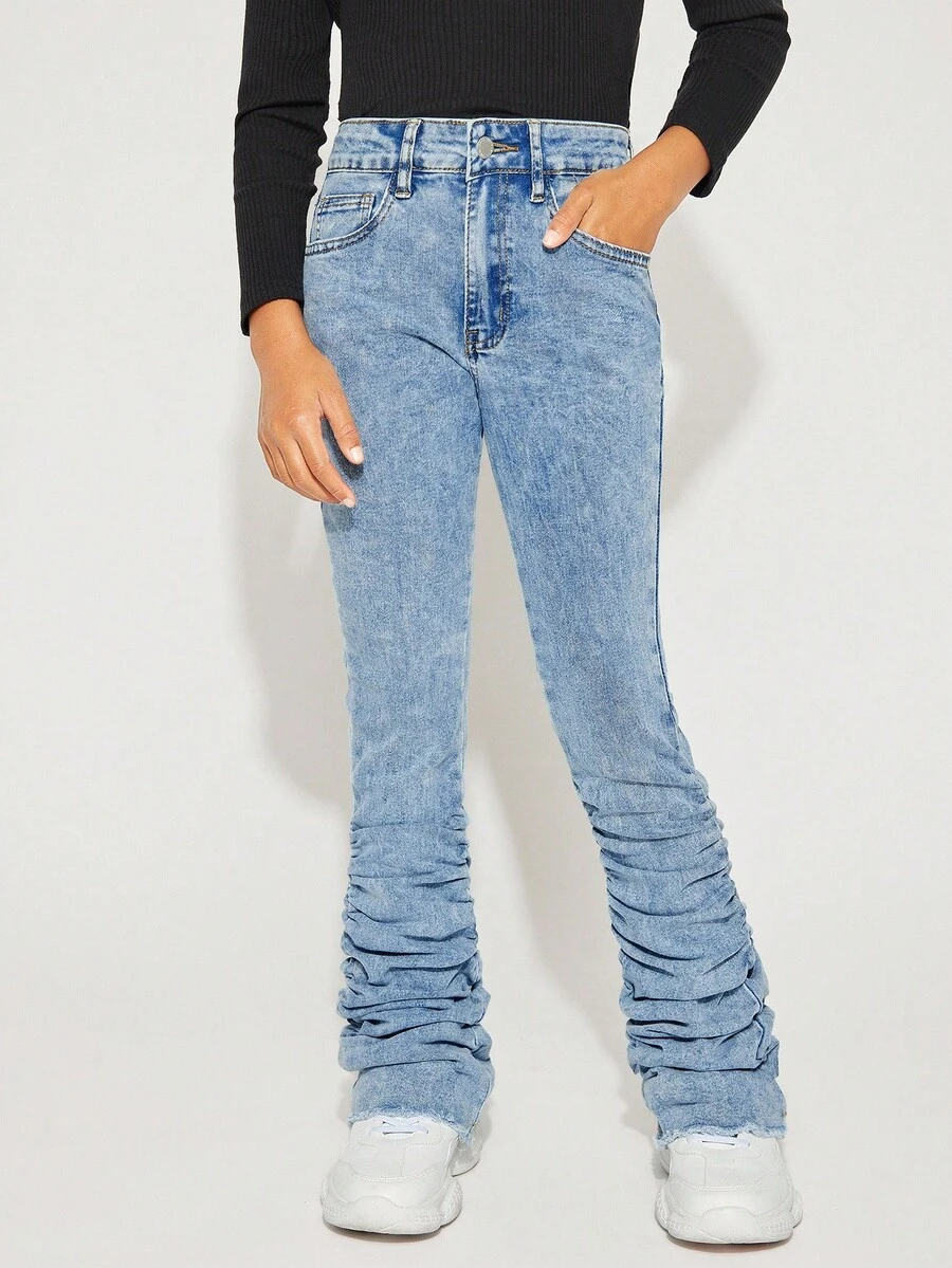 Radiana SLAYR KIDS Tween Girls Y2K Stonewashed Stacked Pants Vintage Blue Pleated Flare Jeans,Girls Fall Clothes Streetwear Outfits - Medium Wash - View 1