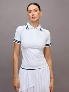 Activina Camisa polo esportiva feminina com gola polo e manga curta e contraste de cores - Branco - Ver 7