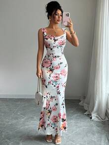 SHEIN PETITE Women's Sleeveless Floral Allover Print Fitted Long Dress - Multicolor - View 1