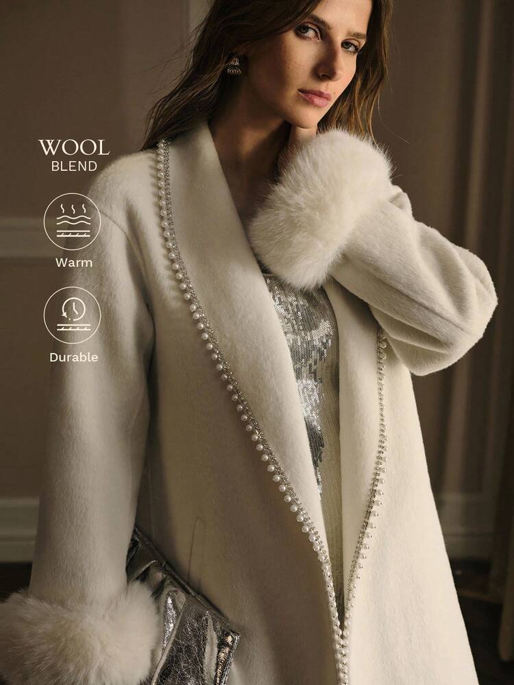 WOOL FAUX PEARL TRIM FUZZY PANEL BELTED OVERCOAT