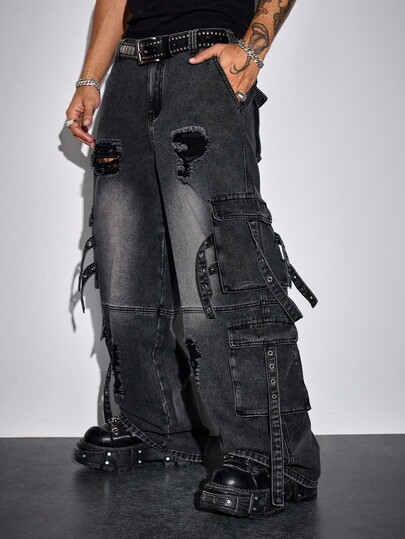 Street Life Jeans cargo casual da uomo lavati e consumati