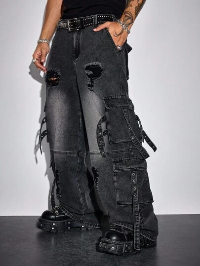 ROMWE MEN Street Life Jeans cargo délavés et déchirés pour homme, style casual quotidien