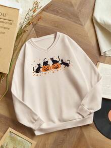 INAWLY Women's Halloween Pumpkin & Cat Embroidery V-Neck Long Sleeve Fleece Casual Sweatshirt, Autumn/Winter Fall Cloth For Women - Apricot - View 3