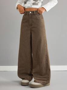 SHEIN Tween Girls' Casual Comfortable Loose Fit Wide Leg Brown Jeans Fall Winter,For Girls Fall/Winter Dailywear Costume,Girls Streetwear Outfits,Halloween Outfits,Christmas Outfits,Winter Jeans,Teen Jeans,Brown Pants,