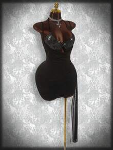 Amplova Y2K Amplova Party Plus Size Dresses Sequined Triangle Bra Strap Sleeveless Sexy Mesh Wrap Stitching Tight Hip Mini Dress Elegant Dresses For Women Wedding Guest Dress Party Dress