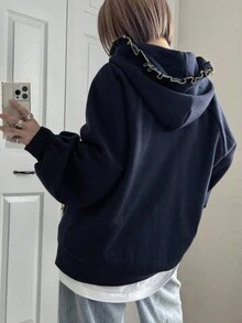FRIFUL Women's Casual Ruffled Zip-Up Sweatshirt, Autumn Jacket - Navy Blue - View 2