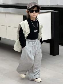 DAZY Young Boy Solid Color Drawstring Waist Pockets Wide Leg Loose Casual Pants - Grey - View 2