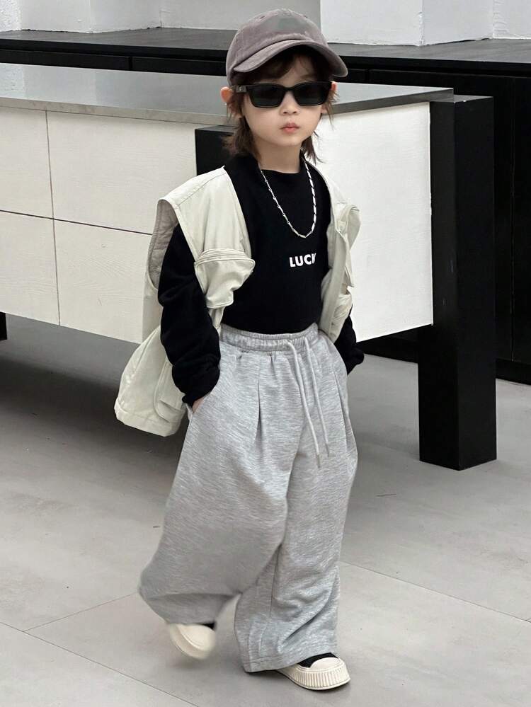 Young Boy Solid Color Drawstring Waist Pockets Wide Leg Loose Casual Pants