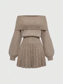 ROMWE Kawaii 一件合身露肩灯笼袖褶皱针织连衣裙 - 駝色 - 查看 1