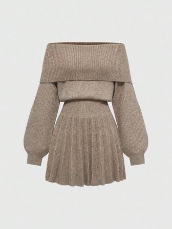 Kawaii 1pc Fitted Off Shoulder Lantern Sleeve Pleated Knit Dress