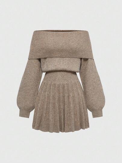 Kawaii 1 pièce Robe en tricot plissée à manches lanternes ajustées et épaules dénudées