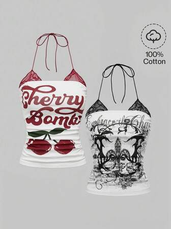 2 Stücke Kirsch-Muster & Punk Ranken-Muster Kontrast Spitze Trägertop Set in Große Größen