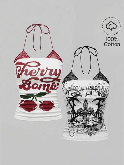 2 pièces Ensemble de débardeurs moulants à encolure ras-du-cou avec imprimé cerise et imprimé de vigne punk en contraste, grande taille