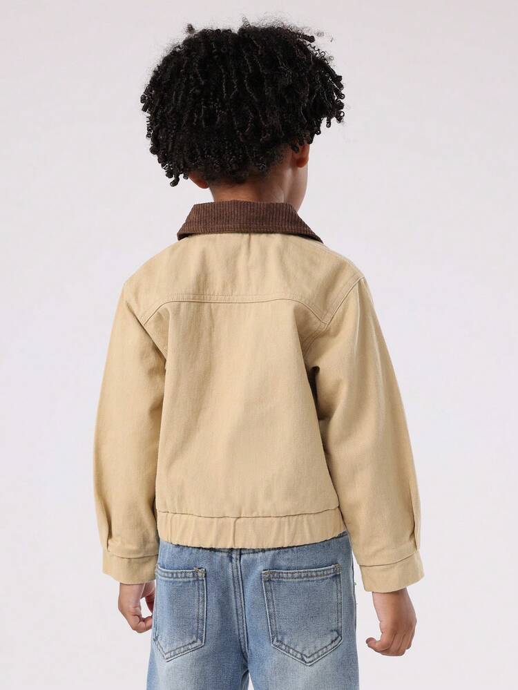 Cotton Canvas Utility Jacket With Corduroy Collar And Zip Front
