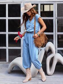EMERY ROSE 女式休闲时尚V领纽扣牛仔连体裤 - 藍色 - 查看 5