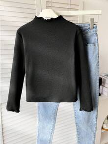 SHEIN Tween Girls' Basic Casual Sporty Turtleneck Ribbed Trim Long Sleeve Pullover Fitted Fleece Lined Knit Turtleneck T-Shirt, Black Fleece Lined Turtlenecks Black Sweaters For Teens Cute Black Tops Black Tops For Tweens