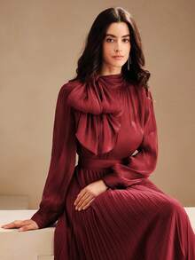 Anewsta 女式高领长袖系带袖口优雅雪纺衬衫，正式蝴蝶结袖口衬衫，适合秋季、外出、派对、圣诞节、工作、毕业典礼、婚礼 - 酒紅色 - 查看 7