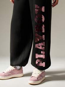 Missguided x Playboy 超大图案慢跑裤，迷彩印花文字细节，弹性腰带，休闲家居服 - 黑色 - 查看 4