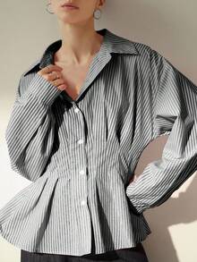 Aveloria Modichic 条纹通勤时尚腰部收腰领长袖衬衫 - 灰色 - 查看 6