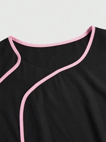 TaskEZ 女士撞色镶边短袖上衣，磨砂上衣 - 黑色 - 查看 7