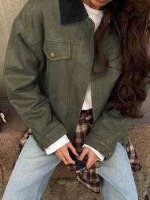 INAWLY 女装 2025 秋冬新款拼色休闲宽松口袋夹克 - 軍綠色 - 查看 4