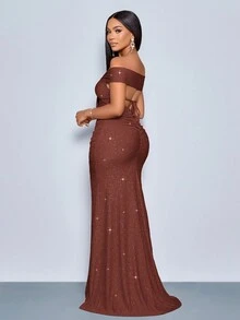 SOLERSUN 适合圣诞派对度假和约会优雅的勃艮第优雅扭曲露肩露背肩带高开叉美人鱼连衣裙，带有金属光泽的超长女士服装 - 棕色 - 查看 1