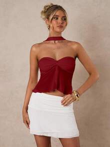 Glamine Weinrote sexy durchsichtige rückenfreie Spitze geraffter Neckholder Bluse, Halloween Bluse, Weihnachtsbluse, Party Must-Have, Schicke Herbst, Streetwear, Y2K, Gehobene Eleganz Bluse, Club Bluse, Konzert Bluse, Date Night Bluse, Geburtstags Bluse für Frauen, Rave Festival Bluse