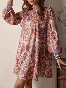 LanaWest LanaWest Women's Pattern Retro Print Ruffle Lantern Sleeve Loose Casual Dress