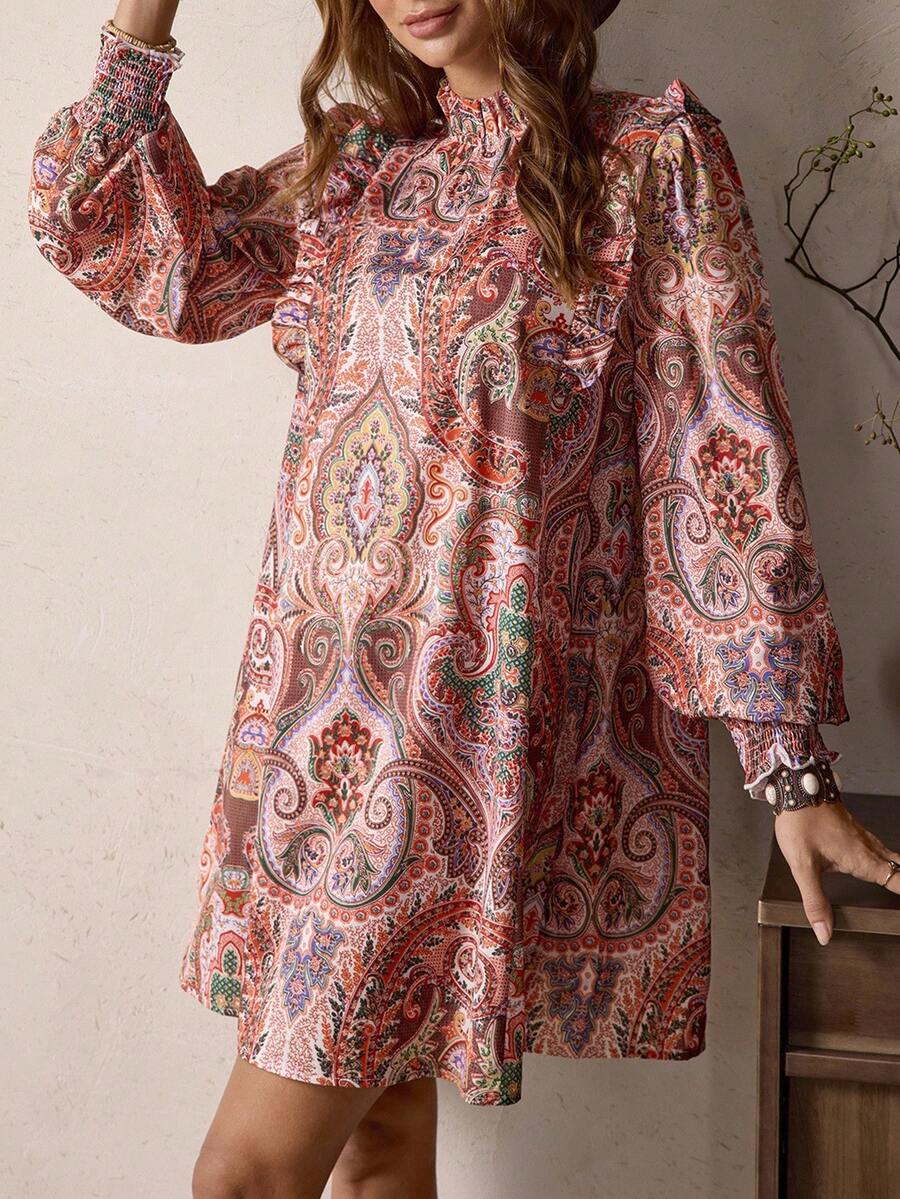 LanaWest LanaWest Women's Pattern Retro Print Ruffle Lantern Sleeve Loose Casual Dress