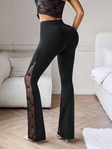 Slayoga Damen Hoch taillierte anliegende Schlaghose mit Schleifen-Mesh-Patchwork, sexy und modisch für den täglichen Lässig-Wear, Laufen, Yoga, Fitness, Tennis, Golf