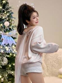 DAZY Women's Loose Casual Solid Color Backless Mesh Patchwork Bow Tie Knitted Pullover Sweater, Autumn/Winter,New Year,Christmas