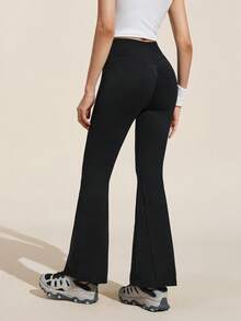 Easithlete Women's Solid Color High Waist Fashionable Casual Versatile Slightly Flared Outdoor Leggings Women Flare Leggings Flare Workout Pants Fold Over Flared Leggings Yoga Dress Pants Wide Leg Legging - Black - View 5