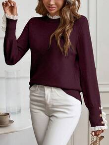Elenzga Suéter elegante de cuello redondo de manga larga con volantes de color contrastante - Rojo - Ver 6