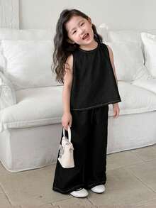 SHEIN Young Girl Summer Casual Bow Decor Denim Top And Jeans Set - Black - View 3