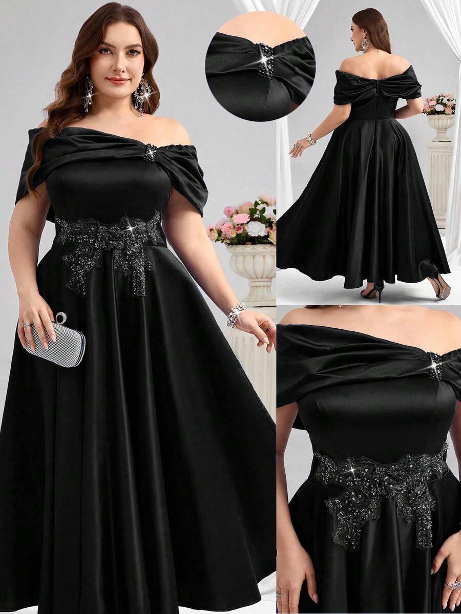 Coutiva Elegant Drop Shoulder Asymmetrical Collar With Applique Design And Wide Swing Satin Ball Gown, Suitable For Birthday Party, Graduation Ceremony, Wedding Guest, Back To School Party
