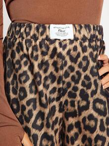 Radiana Tween Girls Casual Comfortable Mid-Waist Leopard Print Letter Graphic Knitted Label Detail Pants - Black - View 4