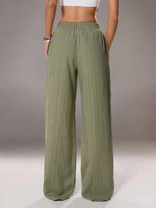 SHEIN Unity Textured Fabric Loose Straight Leg Casual Women Pants - Army Green - View 2