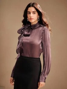 Anewsta Áo cánh nữ cổ cao tay dài thắt nơ thanh lịch, sang trọng, thích hợp cho mùa thu, đông, đi chơi, trang trọng, thường ngày, năm mới, giáng sinh, tốt nghiệp - Màu tím - Xem 5