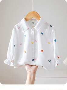 SHEIN 女婴休闲百搭心形印花长袖衬衫