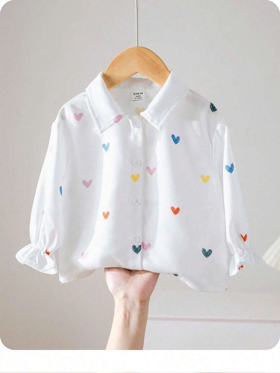 SHEIN 女婴休闲百搭心形印花长袖衬衫