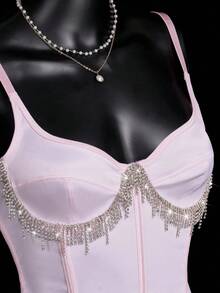 SHEIN ICON 女士粉色水晶吊坠流苏文胸吊带背心，适合派对和休闲场合 - 粉色 - 查看 5