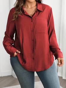Vionelle 大码休闲百搭纯色长袖衬衫 - 酒紅色 - 查看 3
