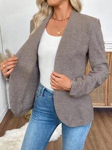 EMERY ROSE Áo khoác Blazer nữ tay dài xếp ly màu trơn cài nút đơn giản, mùa thu - Màu Khaki - Xem 4