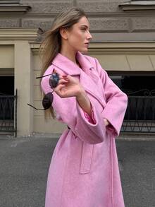 MOTF PREMIUM LAPEL BLACK BELT OVERCOAT - Pink - View 10