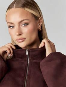 MISSGUIDED 女士麂皮短款夹克，棕色立领拉链前襟，轻薄外套，秋冬时尚休闲街头风，高领松紧腰，圣诞节 - 紅色 - 查看 4