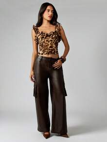 MISSGUIDED Top a corsetto con dettagli a volant e stampa leopardata, con chiusura lampo sul retro, adatto per feste estive e discoteca